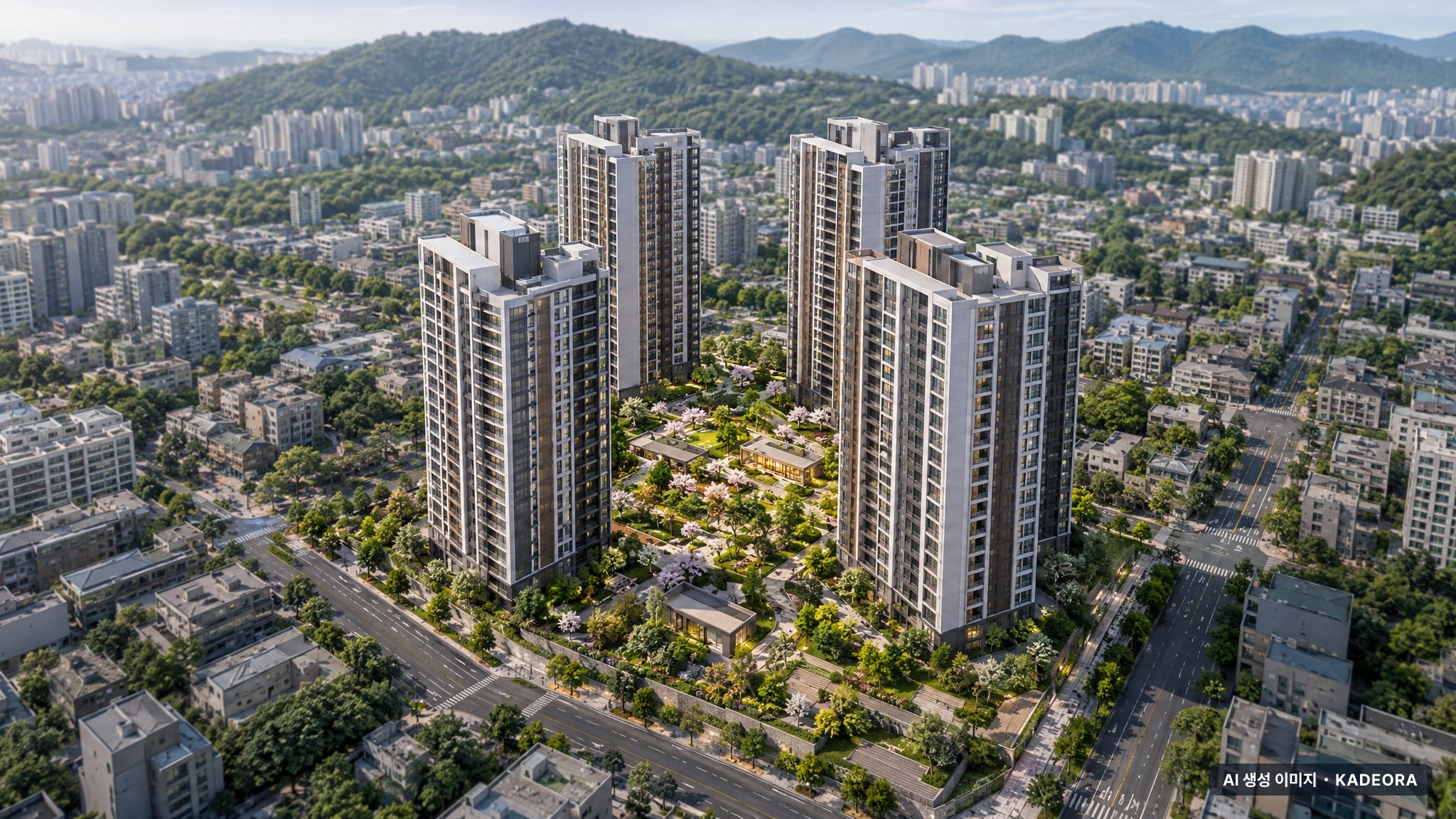 부산 사하구 하단1 재건축 총 408세대 기준 AI 상상도(주간 항공) — 실제와 다를 수 있음