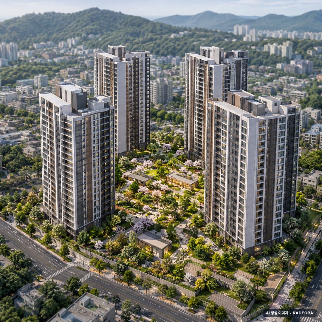 부산 사하구 하단1 재건축 총 408세대 기준 AI 상상도(주간 항공) — 실제와 다를 수 있음