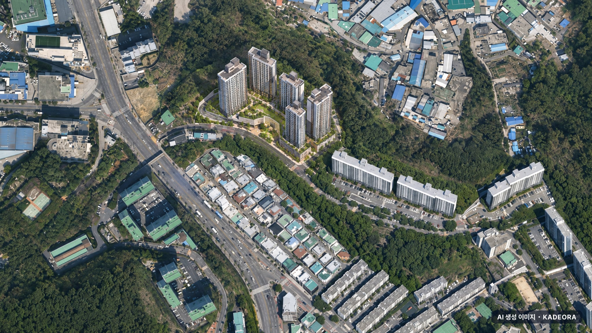 부산 사하구 다대4 재건축 단지 전경 AI 상상도(주간 항공) — 부산 사하구 조합설립 390세대