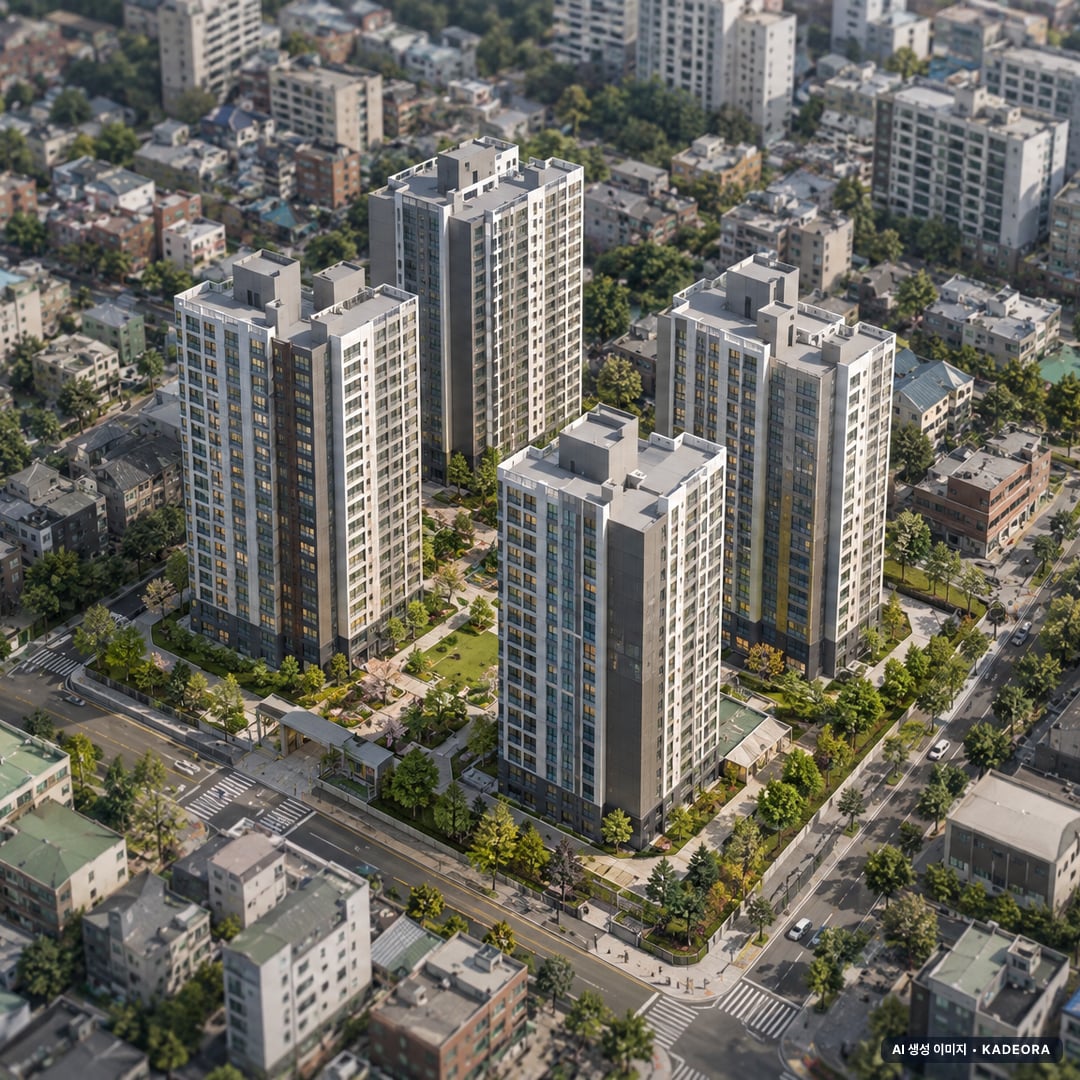 부산 사하구 다대4 재건축 총 390세대 기준 AI 상상도(주간 항공) — 실제와 다를 수 있음