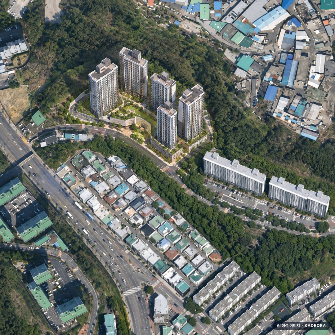 부산 사하구 다대4 재건축 조감도 AI 상상도(주간 항공) — 부산 사하구 조합설립 390세대