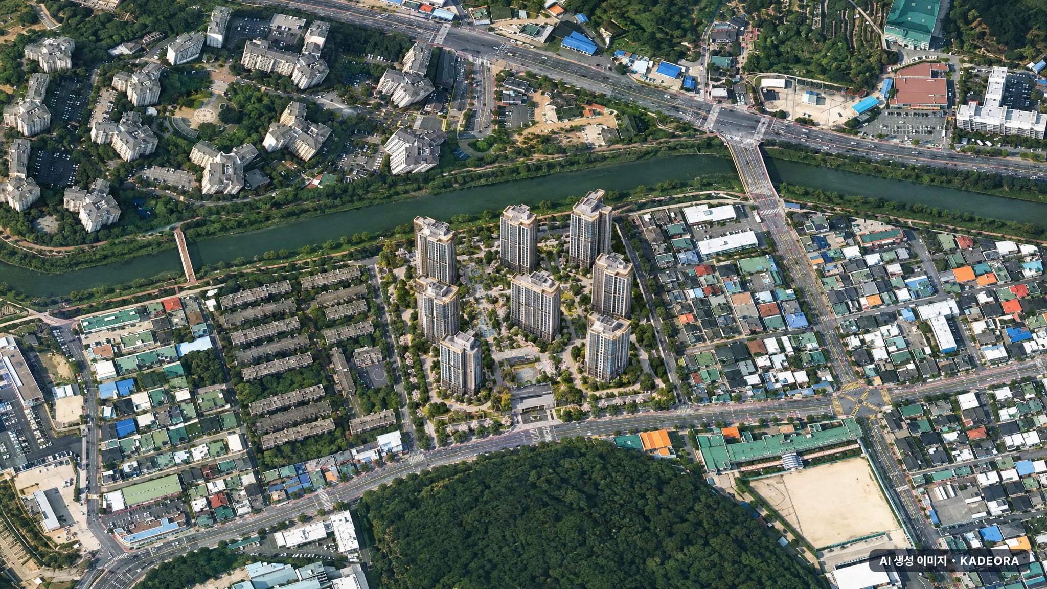 포레나힐스테이트 진주 단지 전경 AI 상상도(주간 항공) — 경남 진주시 착공 1,032세대