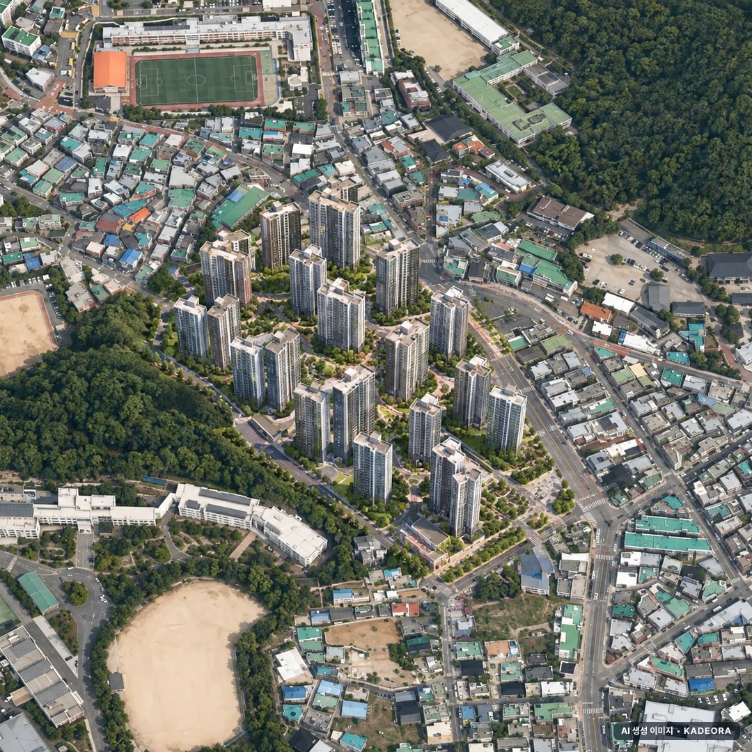 부산 해운대구 우동1 재건축 조감도 AI 상상도(주간 항공) — 부산 해운대구 사업시행인가 1,476세대