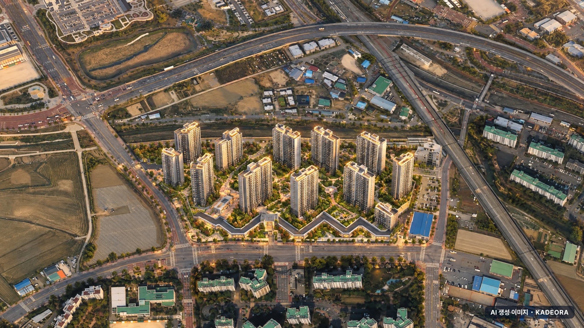 힐스테이트 오산더클래스 단지 전경 AI 상상도(노을 항공) — 경기 오산시 착공 970세대