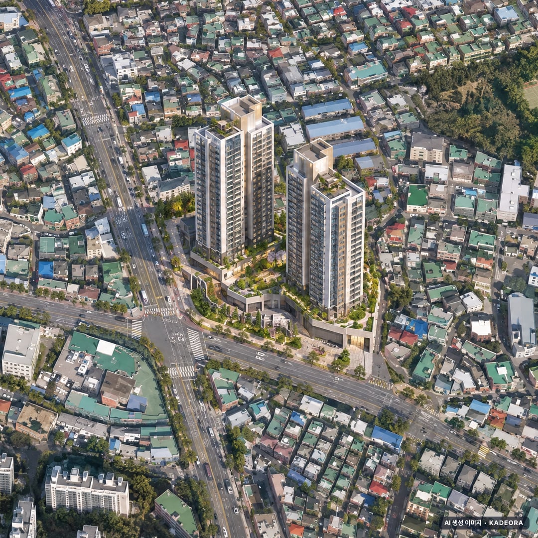 더 리치먼드 미아 단지 전경 AI 상상도(주간 항공) — 서울 강북구 착공 99세대