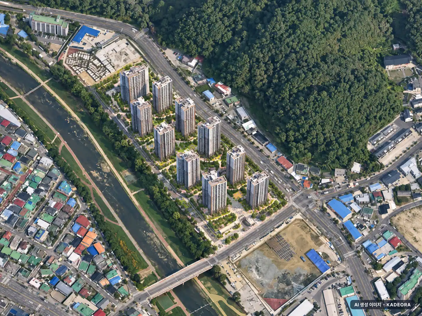 대전 롯데캐슬 더퍼스트 10개동·최고 33층·총 952세대(이번 394세대 공급) 기준 AI 상상도(주간 항공) — 실제와 다를 수 있음
