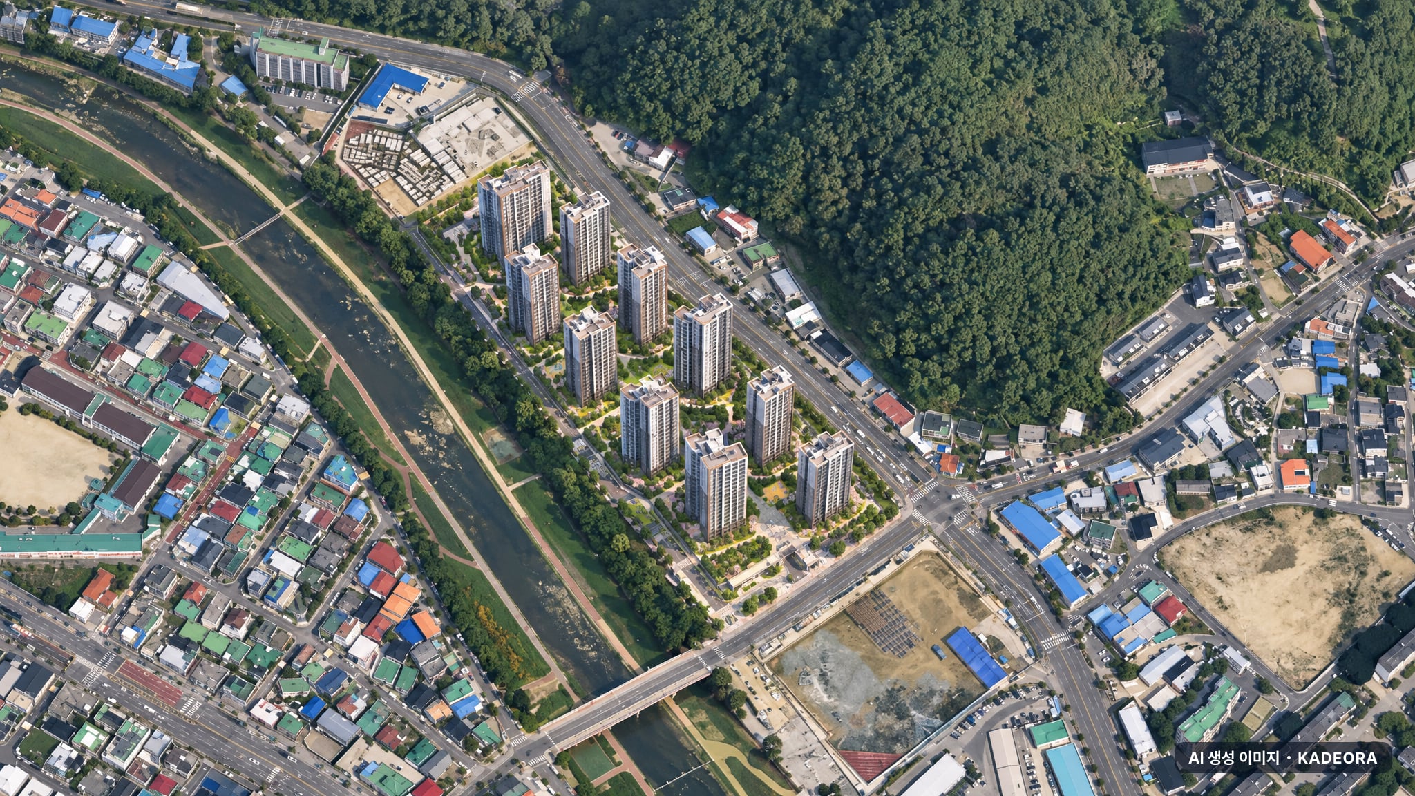 대전 롯데캐슬 더퍼스트 주간 항공 상상도 · AI 생성 이미지로 실제와 다를 수 있음 대전 롯데캐슬 더퍼스트 단지 전경 AI 상상도(주간 항공) — 대전 동구 착공 952세대
