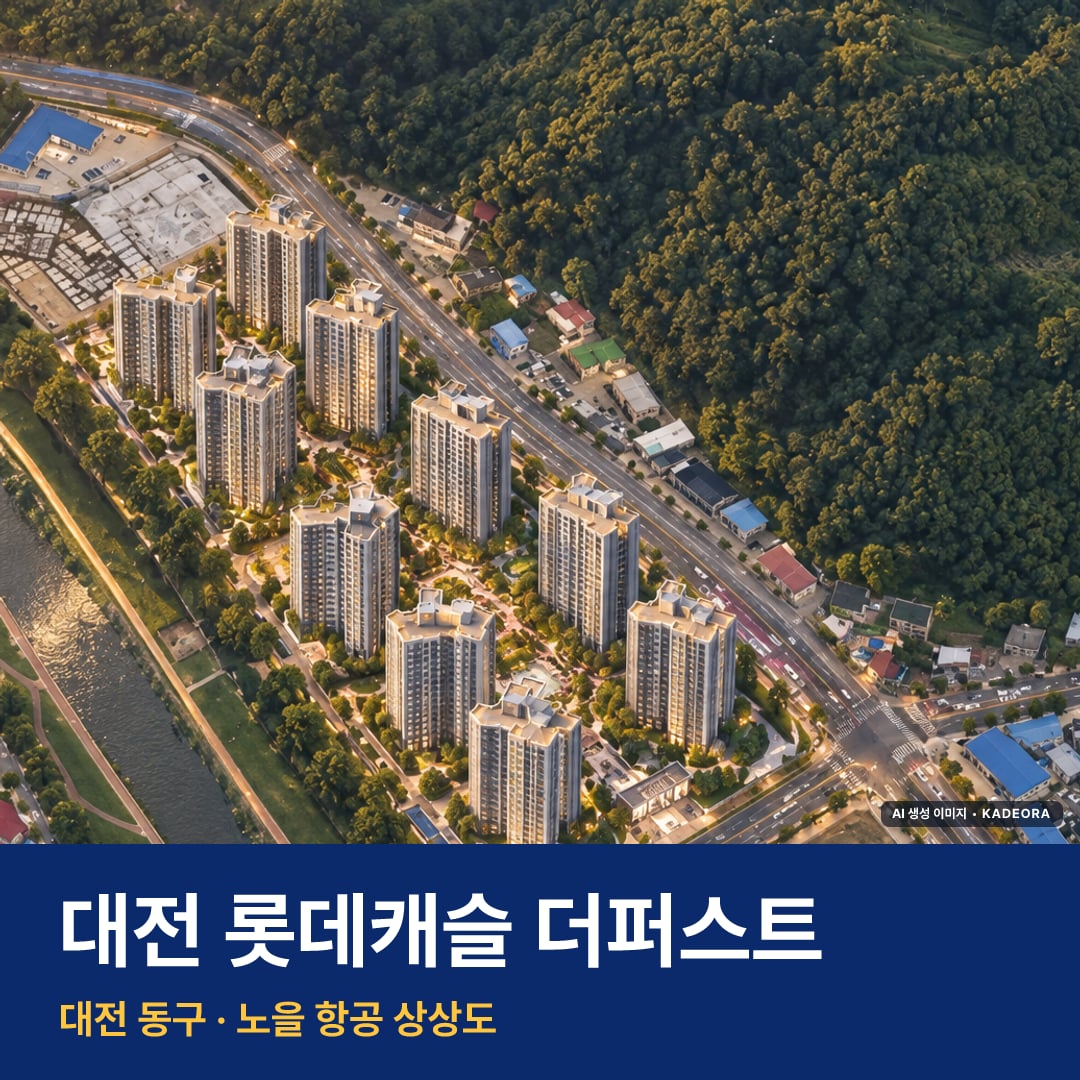 대전 롯데캐슬 더퍼스트 재개발 대전 롯데캐슬 더퍼스트 단지 전경 AI 상상도 — 동구 가오동 952세대 — AI 생성 상상도 · 실제와 다를 수 있음