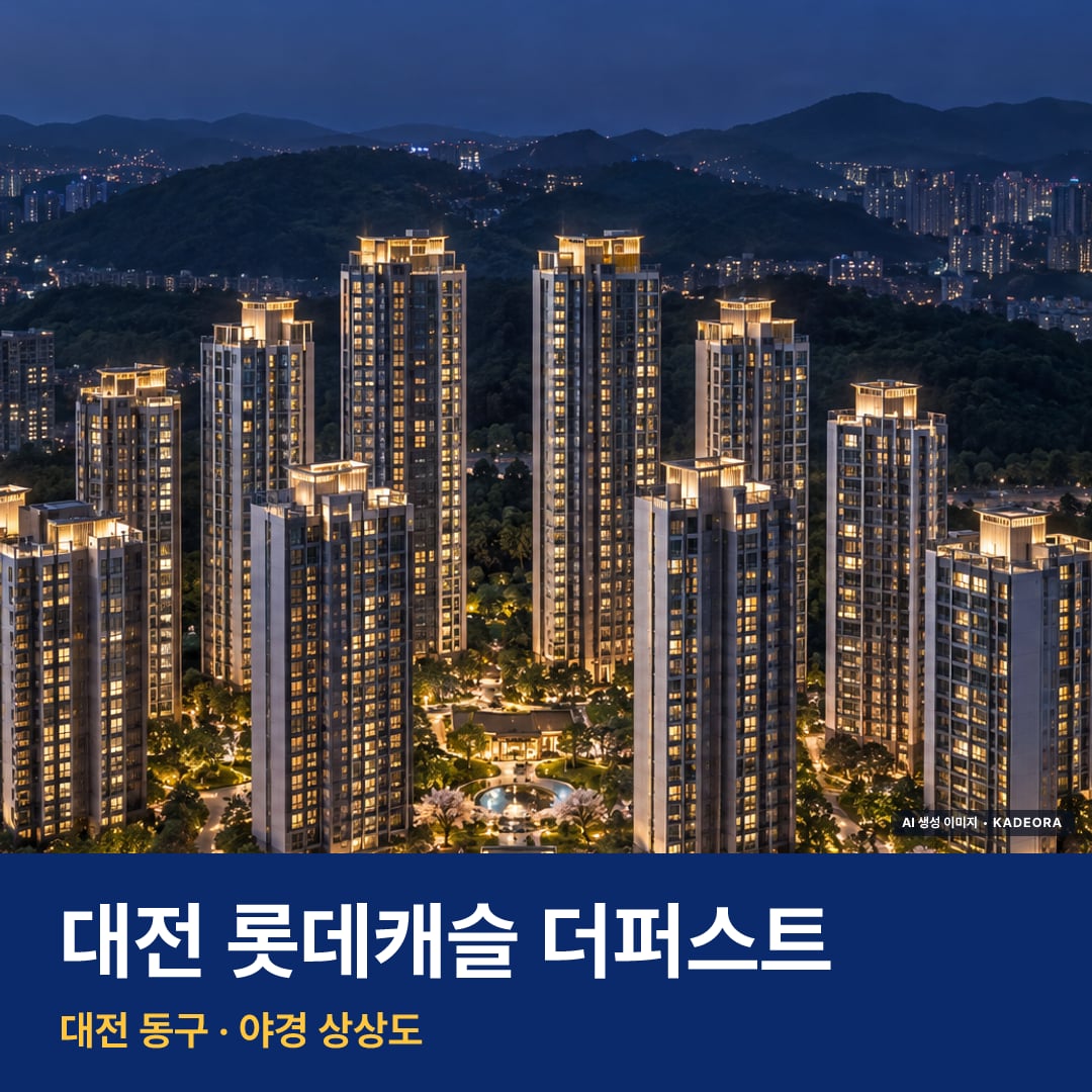 대전 롯데캐슬 더퍼스트 재개발 대전 롯데캐슬 더퍼스트 단지 전경 AI 상상도 — 동구 가오동 952세대 — AI 생성 상상도 · 실제와 다를 수 있음