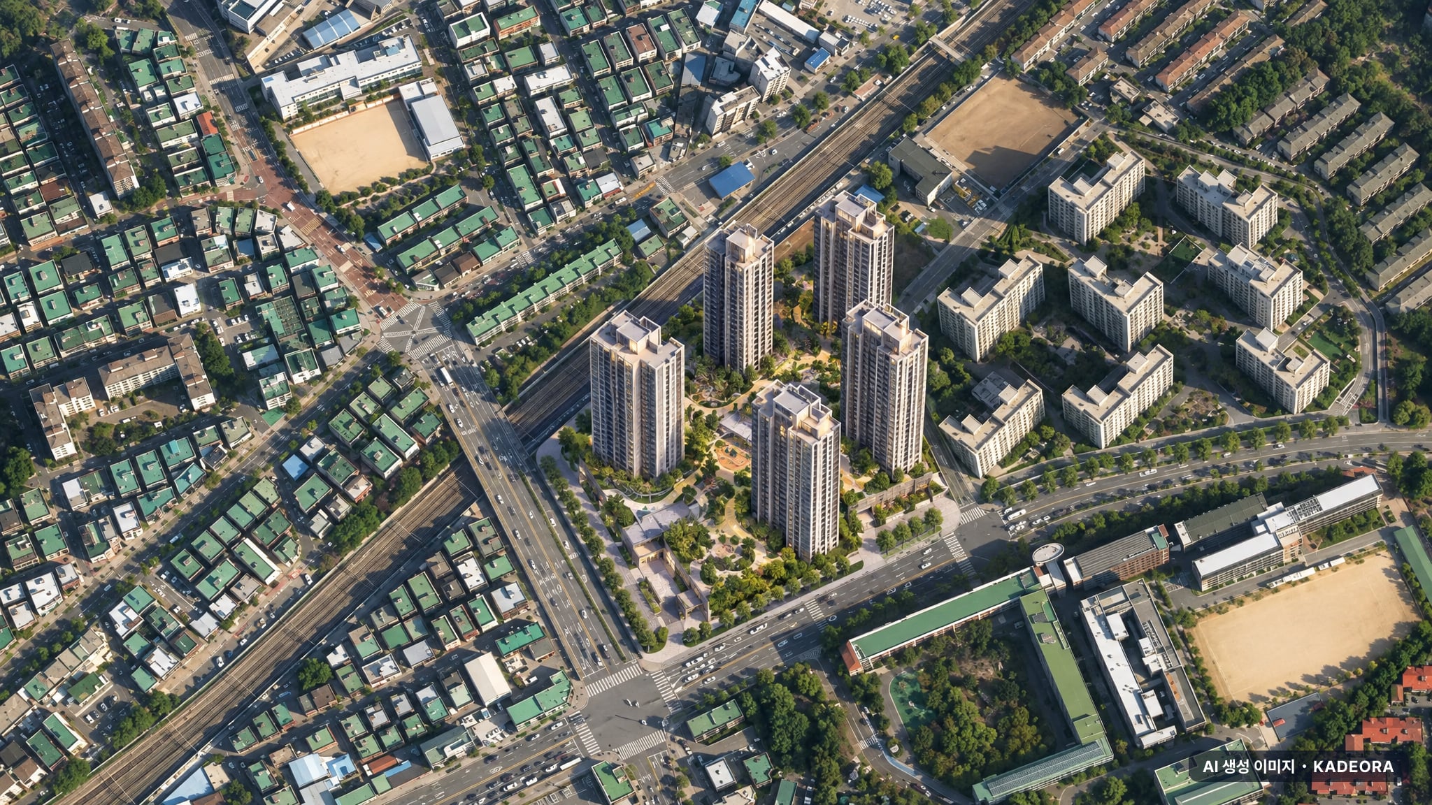부천시 괴안3D 조감도 AI 상상도(주간 항공) — 경기 부천시 착공 674세대