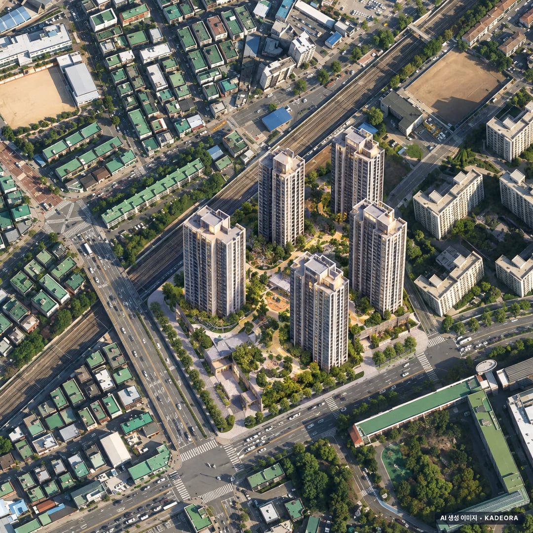 부천시 괴안3D 조감도 AI 상상도(주간 항공) — 경기 부천시 착공 674세대