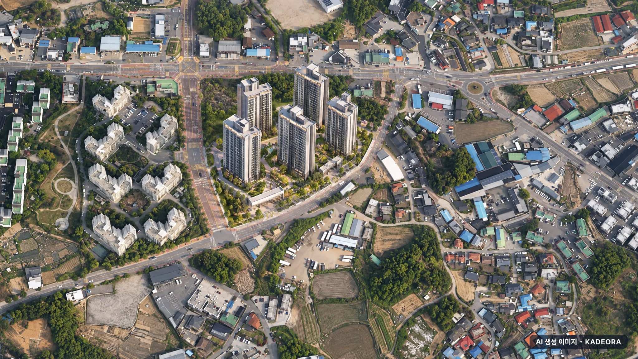 이천 휴먼빌 클래스원 주간 항공 상상도 · AI 생성 이미지로 실제와 다를 수 있음 이천 휴먼빌 클래스원 단지 전경 AI 상상도(주간 항공) — 경기 이천시 착공 536세대