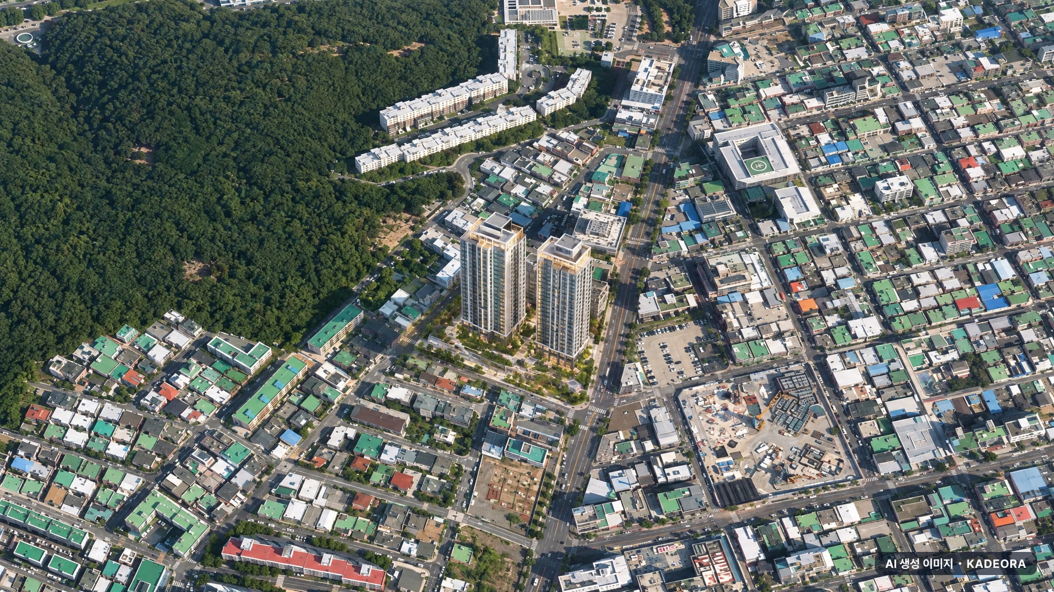 문수로 코아루 에듀스카이 주간 항공 상상도 · AI 생성 이미지로 실제와 다를 수 있음 문수로 코아루 에듀스카이 단지 전경 AI 상상도(주간 항공) — 울산 남구 착공 123세대