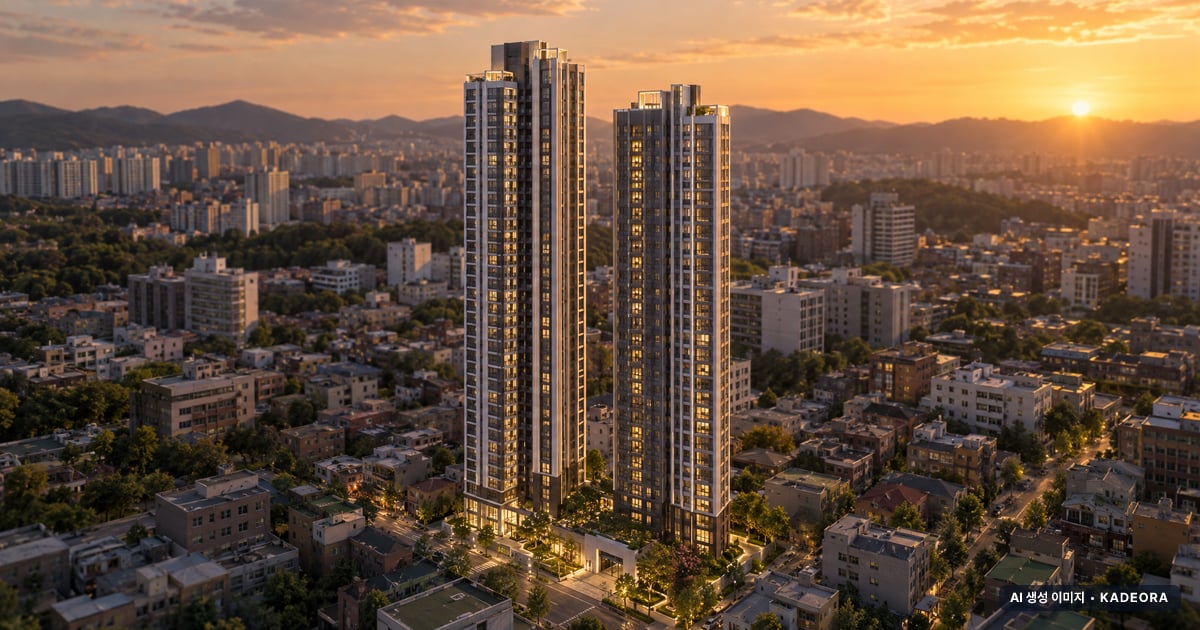 문수로 코아루 에듀스카이 2개동·최고 38층·총 123세대 기준 AI 상상도(노을 항공) — 실제와 다를 수 있음