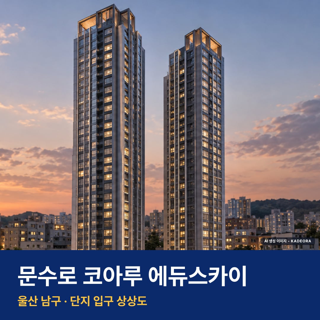 문수로 코아루 에듀스카이 재개발 문수로 코아루 에듀스카이 단지 전경 AI 상상도 — 남구 신정동 123세대 — AI 생성 상상도 · 실제와 다를 수 있음