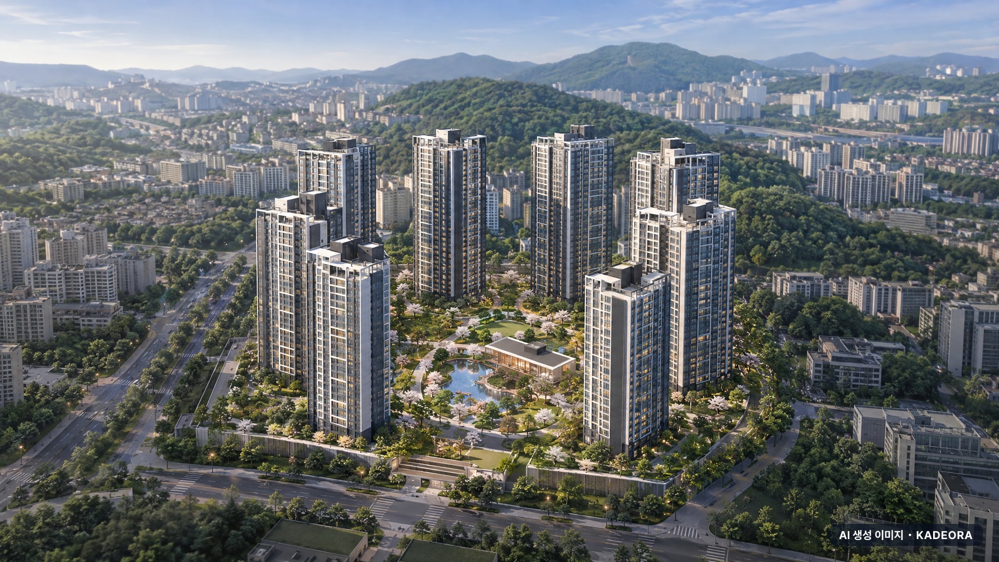 평택 푸르지오 센터파인 단지 전경 AI 상상도(주간 항공) — 경기 평택시 착공 851세대