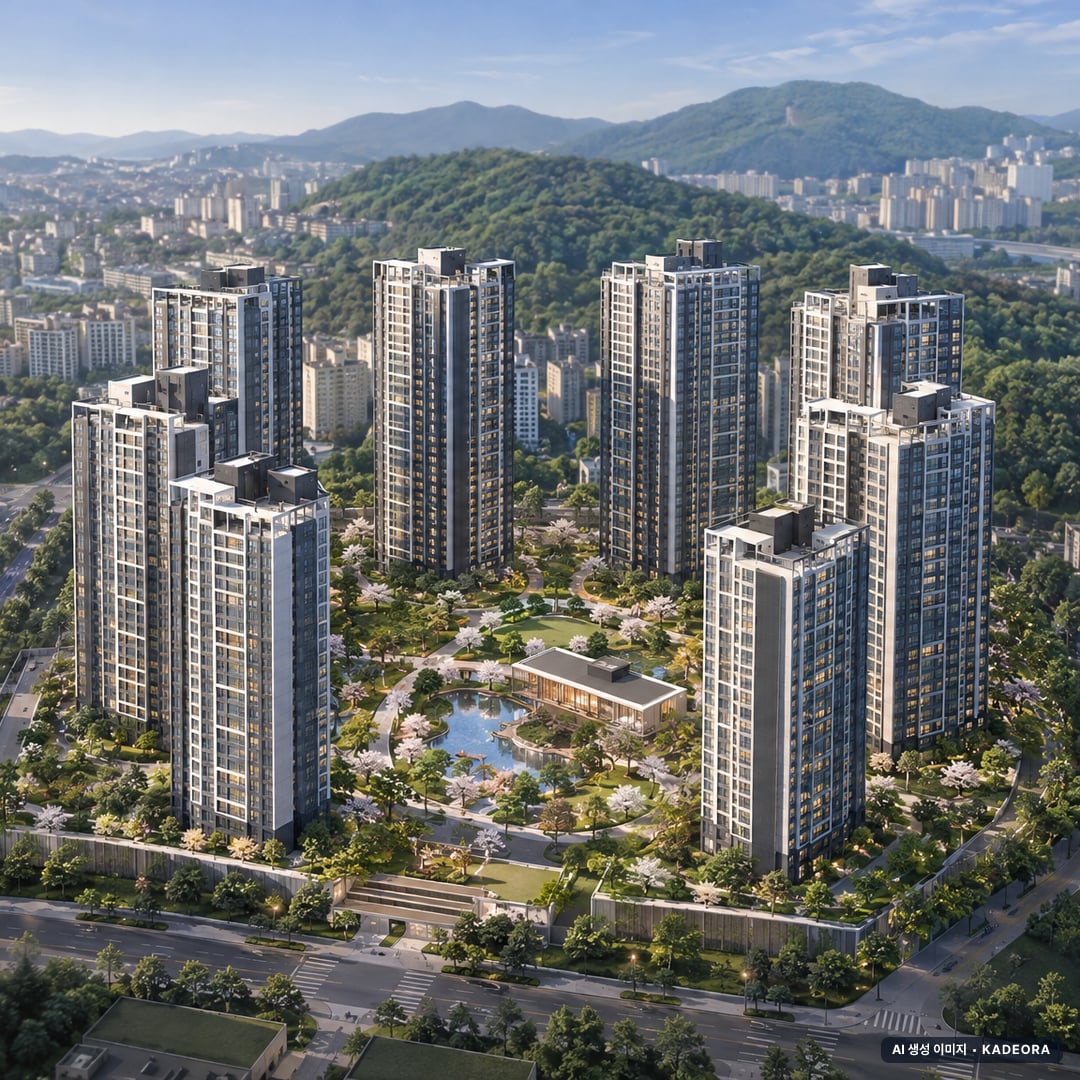 평택 푸르지오 센터파인 단지 전경 AI 상상도(주간 항공) — 경기 평택시 착공 851세대
