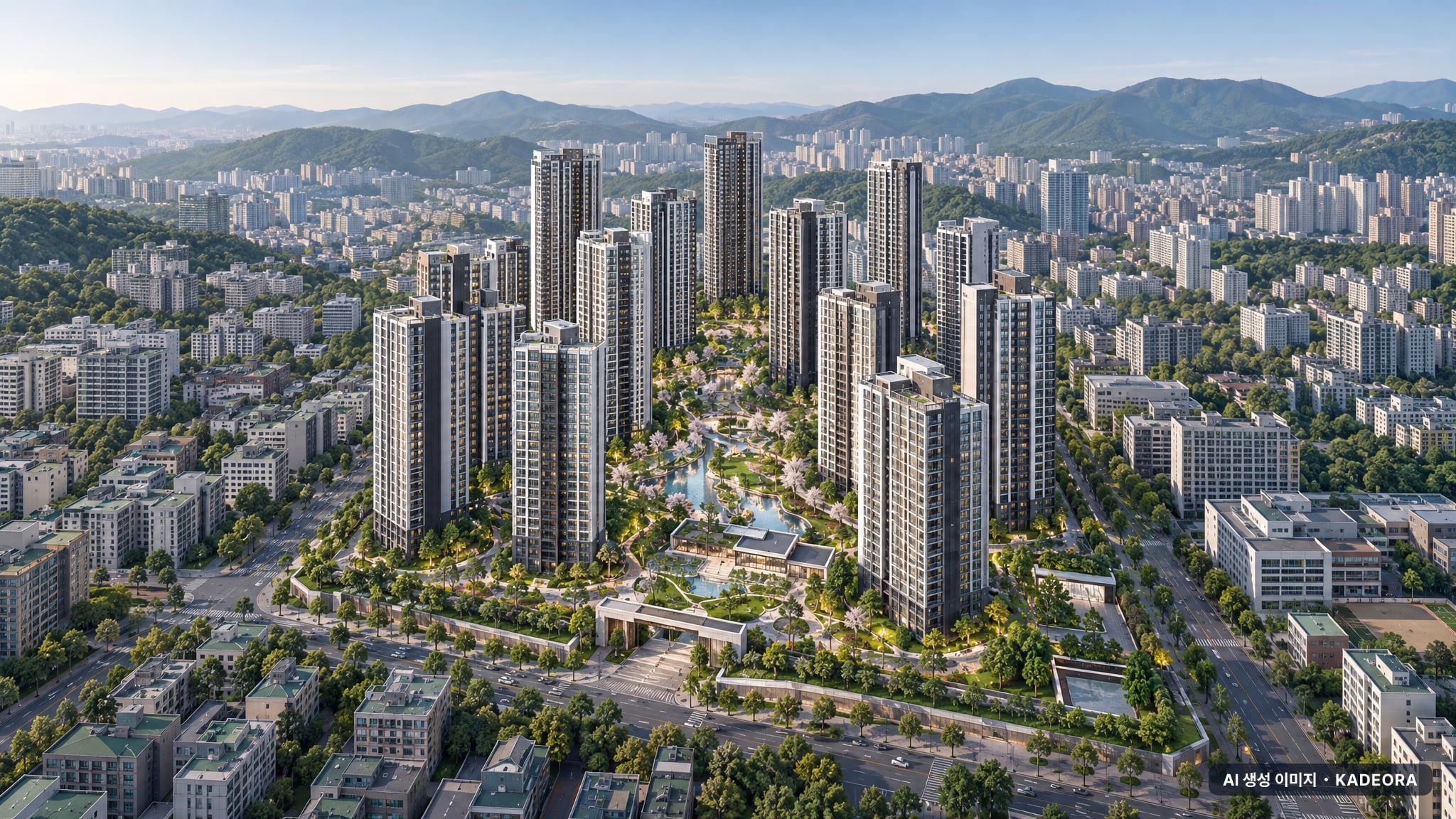 반포주공1단지 1·2·4주구 단지 전경 AI 상상도(주간 항공) — 서울 서초구 부지계획 5,002세대