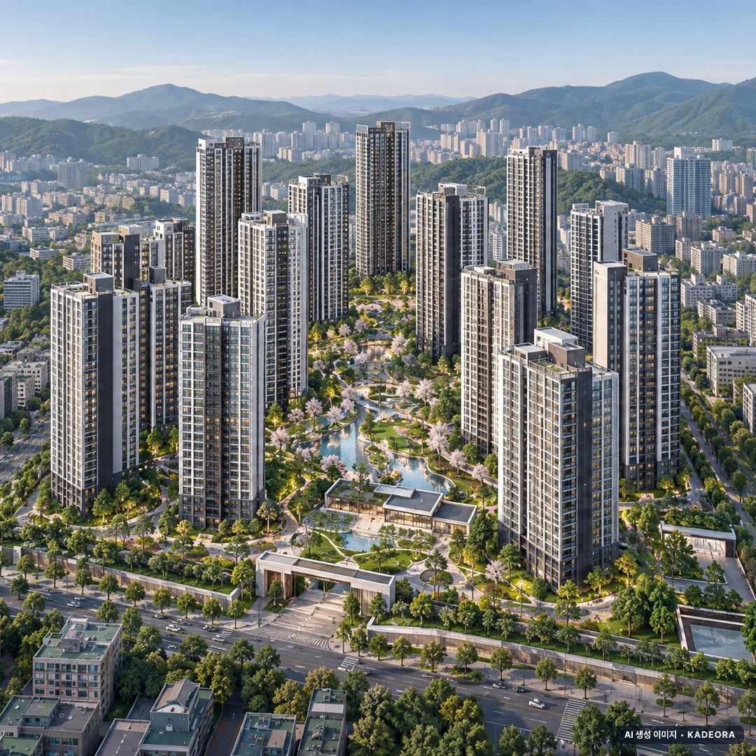 반포주공1단지 1·2·4주구 단지 전경 AI 상상도(주간 항공) — 서울 서초구 부지계획 5,002세대