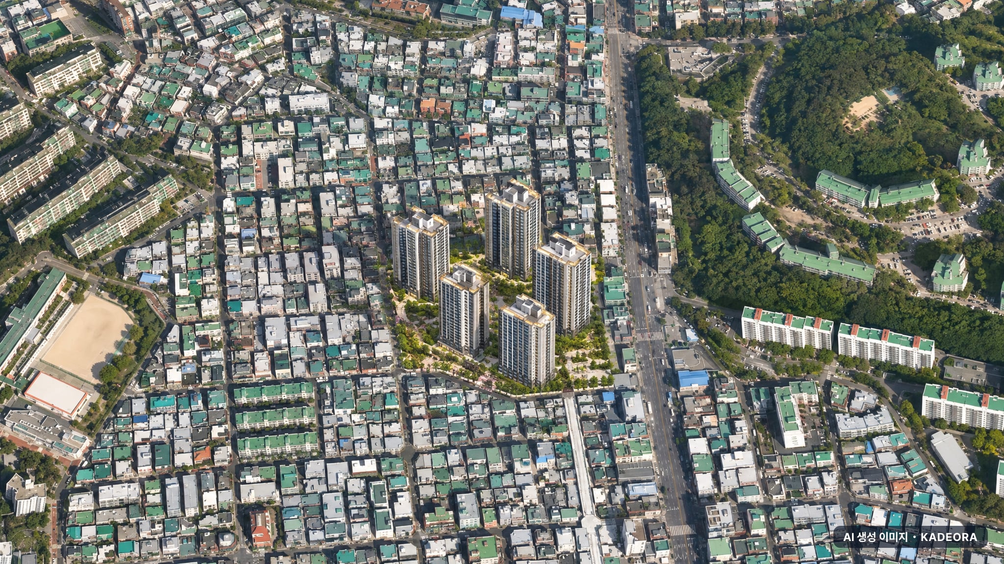 부산 수영구 망미8 재개발 주간 항공 상상도 · AI 생성 이미지로 실제와 다를 수 있음 부산 수영구 망미8 재개발 조감도 AI 상상도(주간 항공) — 부산 수영구 부지계획 663세대