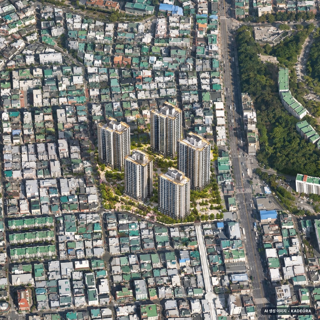 부산 수영구 망미8 재개발 조감도 AI 상상도(주간 항공) — 부산 수영구 부지계획 663세대