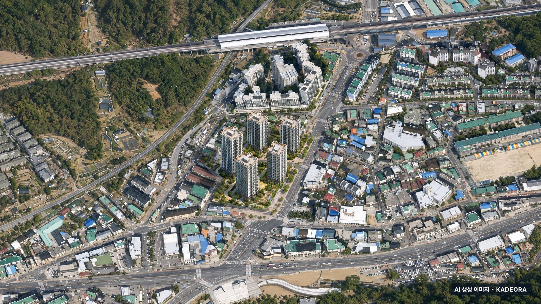 남양주시 금곡2 단지 전경 AI 상상도(주간 항공) — 경기 남양주시 관리처분인가 576세대
