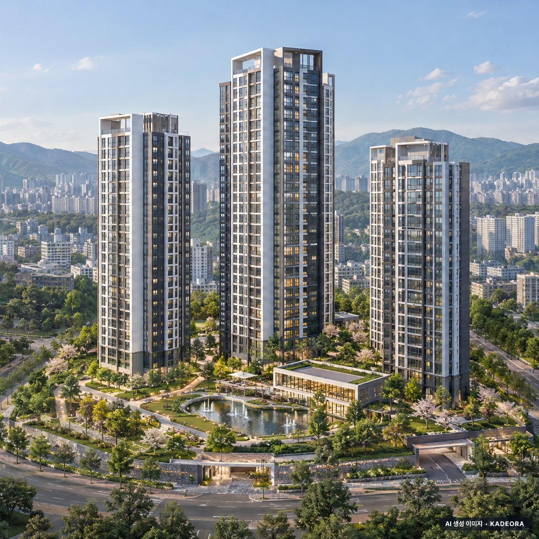 신제주 동문디이스트 시그니처원Ⅱ 단지 전경 AI 상상도(주간 항공) — 제주 제주시 착공 196세대