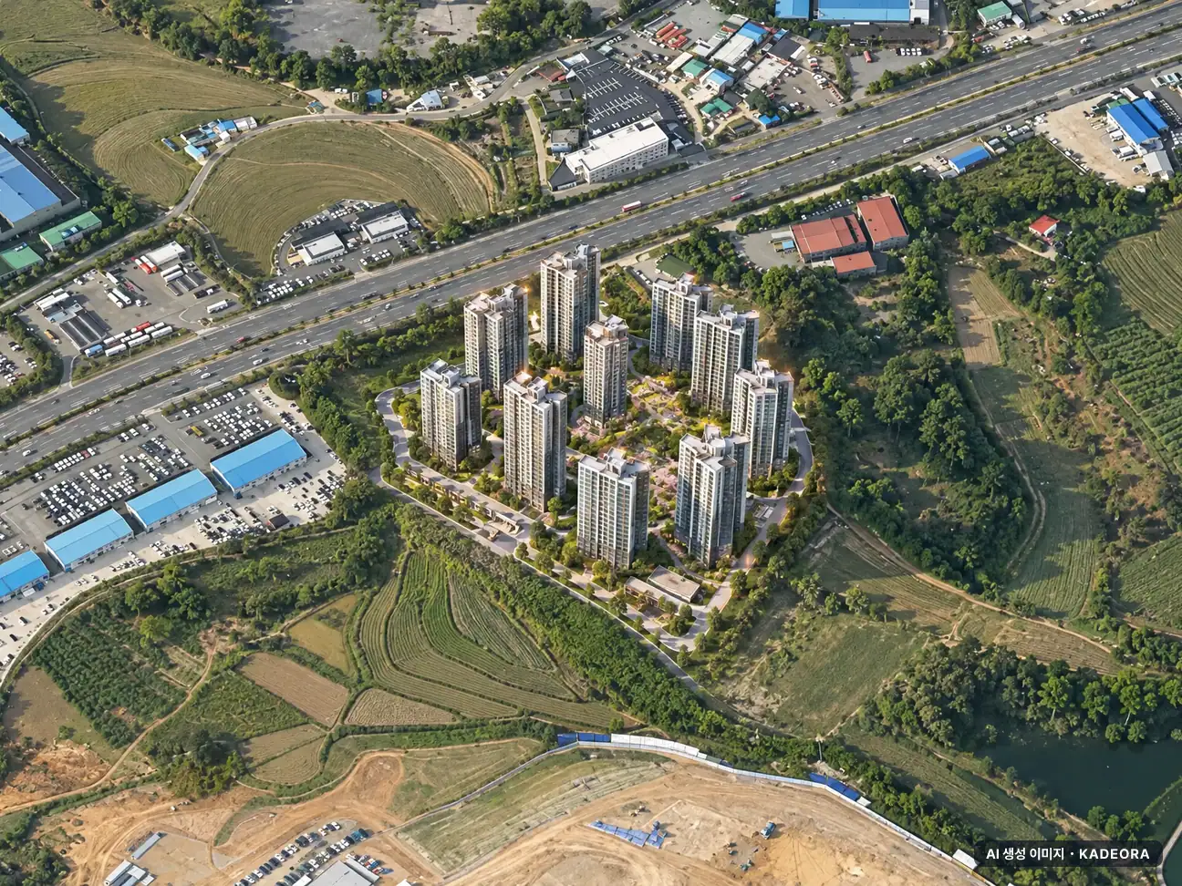 업성 푸르지오 레이크시티 11개동·최고 39층·총 1,460세대 기준 AI 상상도 — 실제와 다를 수 있음 업성 푸르지오 레이크시티 11개동·최고 39층·총 1,460세대 기준 AI 상상도(주간 항공) — 실제와 다를 수 있음