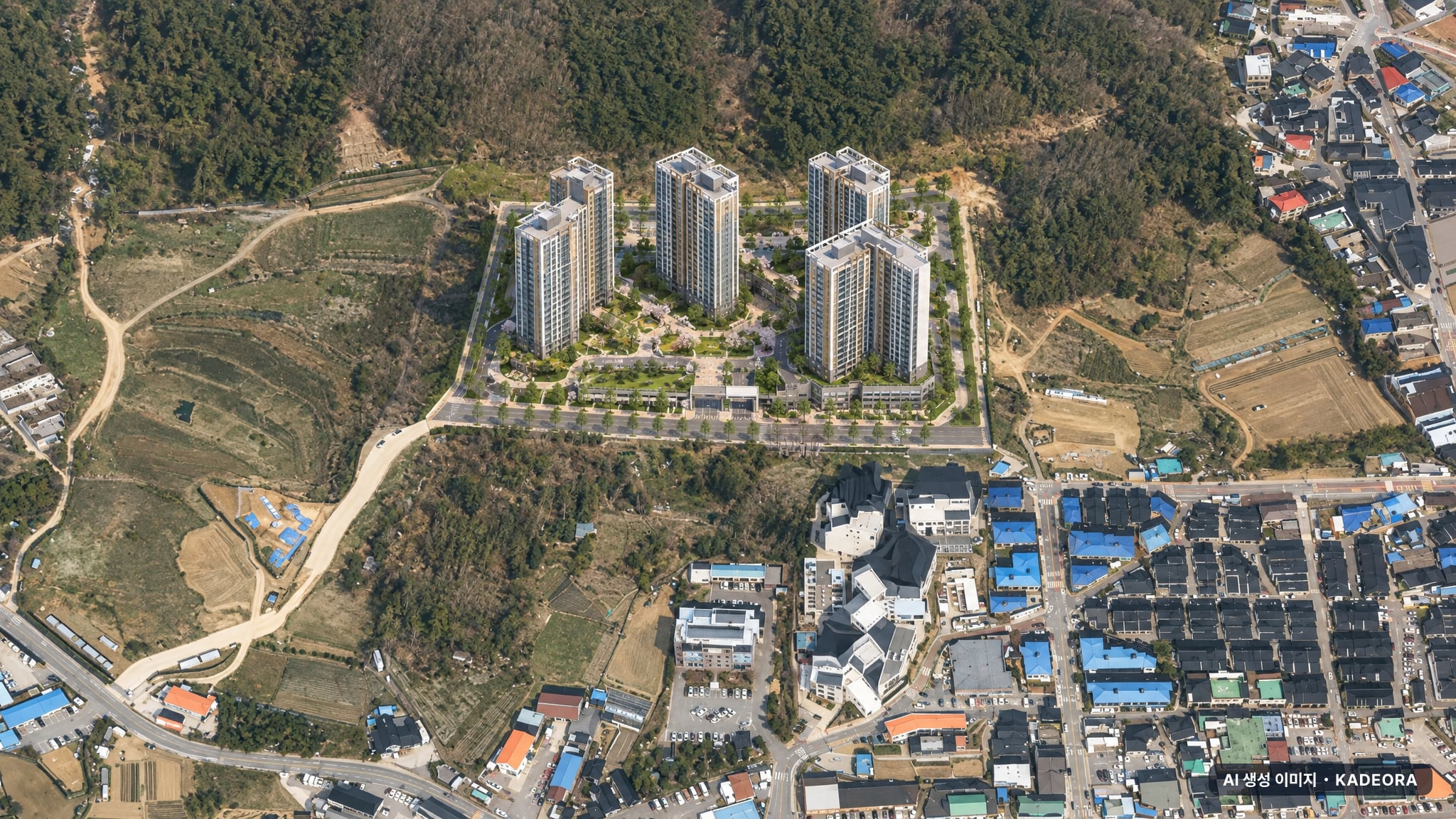 용인 양지 서희스타힐스 하이뷰 단지 전경 AI 상상도(주간 항공) — 경기 용인시 착공 547세대