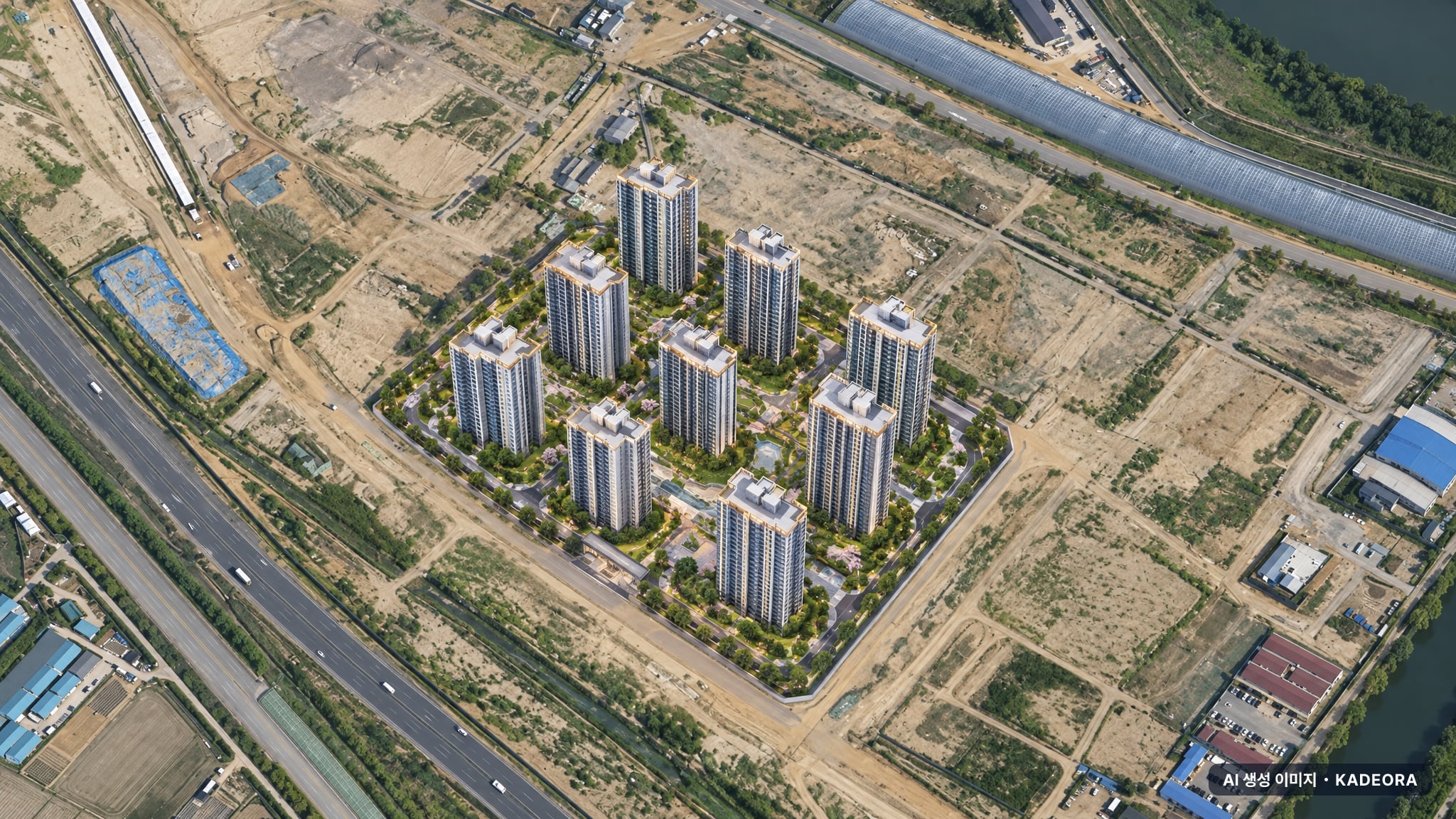 오퍼스 한강 스위첸 단지 전경 AI 상상도(주간 항공) — 경기 김포시 착공 1,029세대