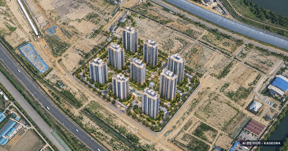 오퍼스 한강 스위첸 9개동·최고 25층·총 1,029세대 기준 AI 상상도 — 실제와 다를 수 있음 오퍼스 한강 스위첸 9개동·최고 25층·총 1,029세대 기준 AI 상상도(주간 항공) — 실제와 다를 수 있음