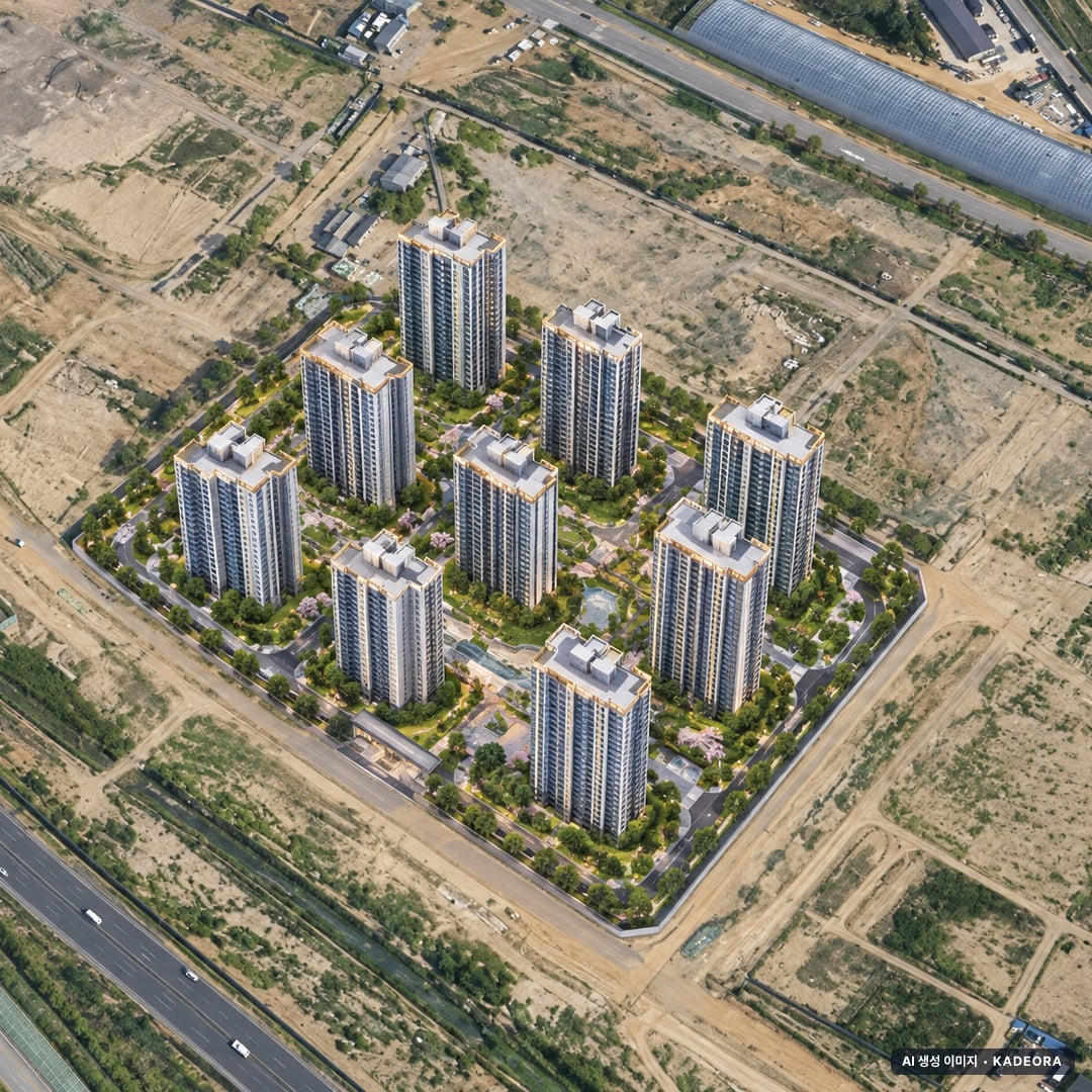 오퍼스 한강 스위첸 단지 전경 AI 상상도(주간 항공) — 경기 김포시 착공 1,029세대