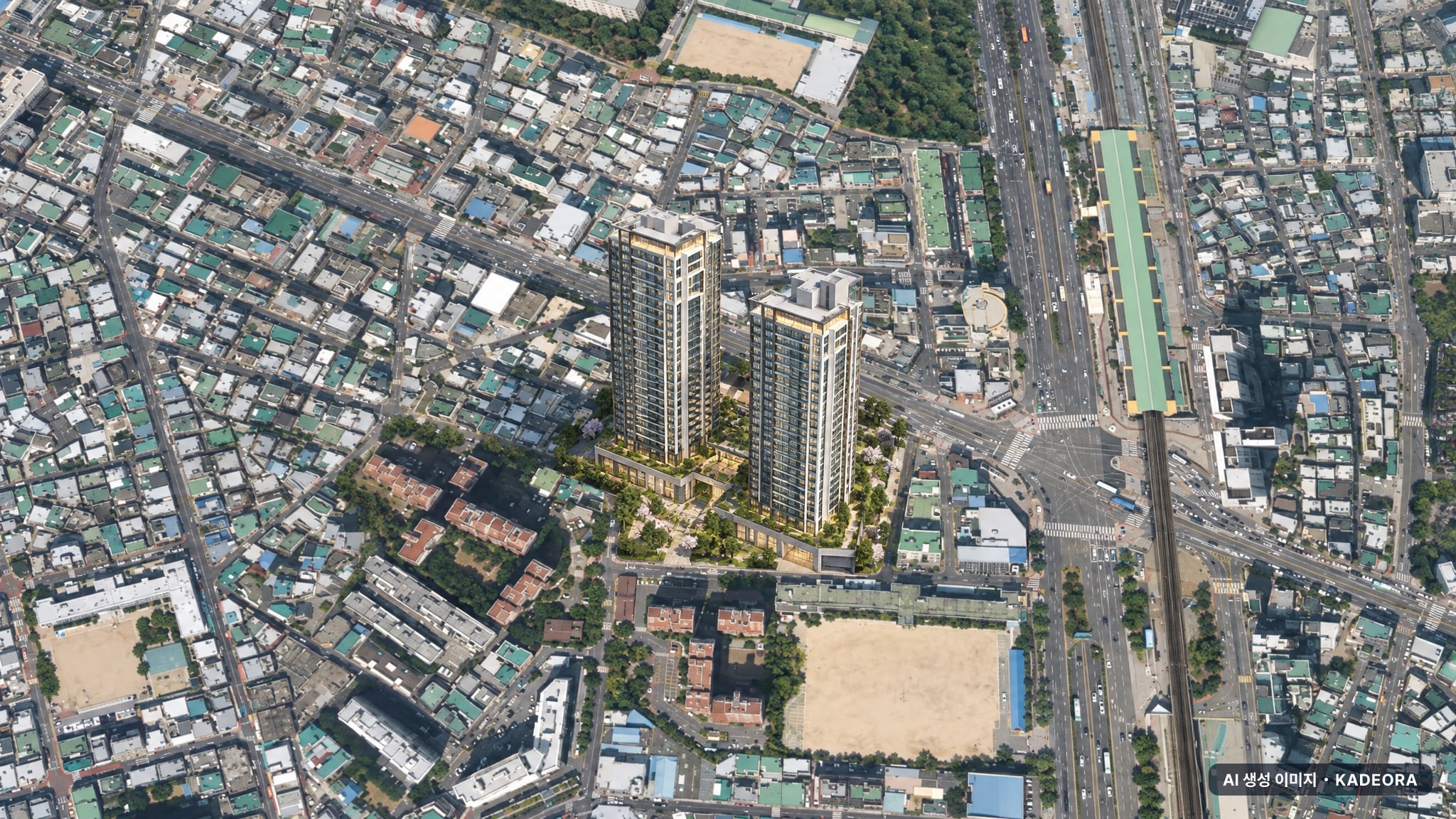 동래 에코팰리스 아시아드 리안 단지 전경 AI 상상도(주간 항공) — 부산 동래구 착공 291세대