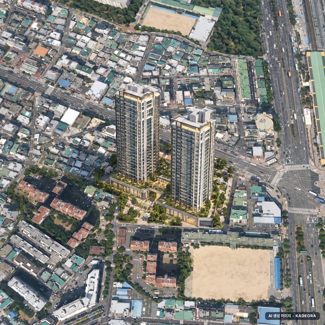동래 에코팰리스 아시아드 리안 단지 전경 AI 상상도(주간 항공) — 부산 동래구 착공 291세대