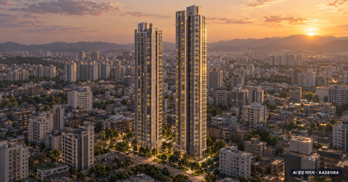 동래 에코팰리스 아시아드 리안 2개동·최고 46층·총 291세대 기준 AI 상상도(노을 항공) — 실제와 다를 수 있음