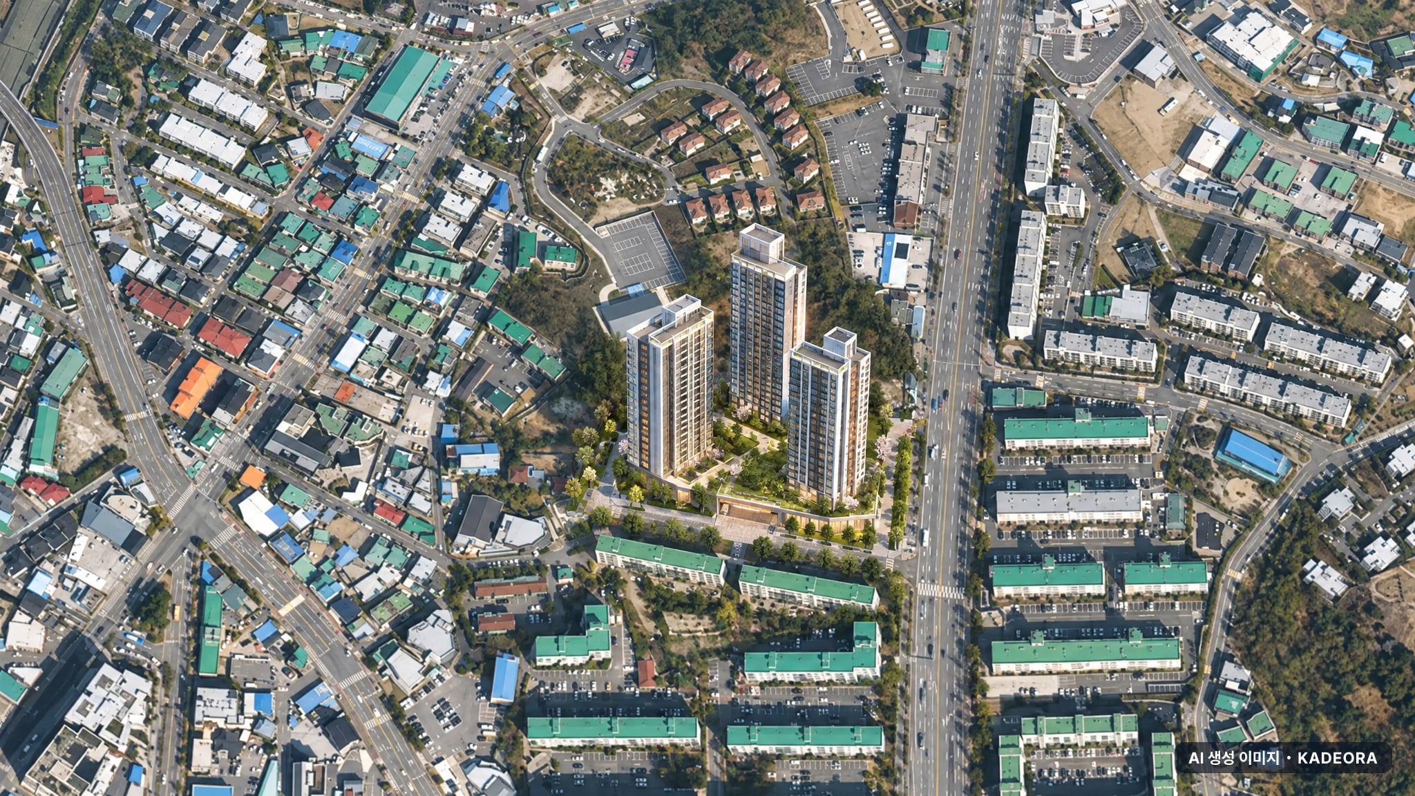 평택시 송원.현대연립 단지 전경 AI 상상도(주간 항공) — 경기 평택시 관리처분인가 259세대