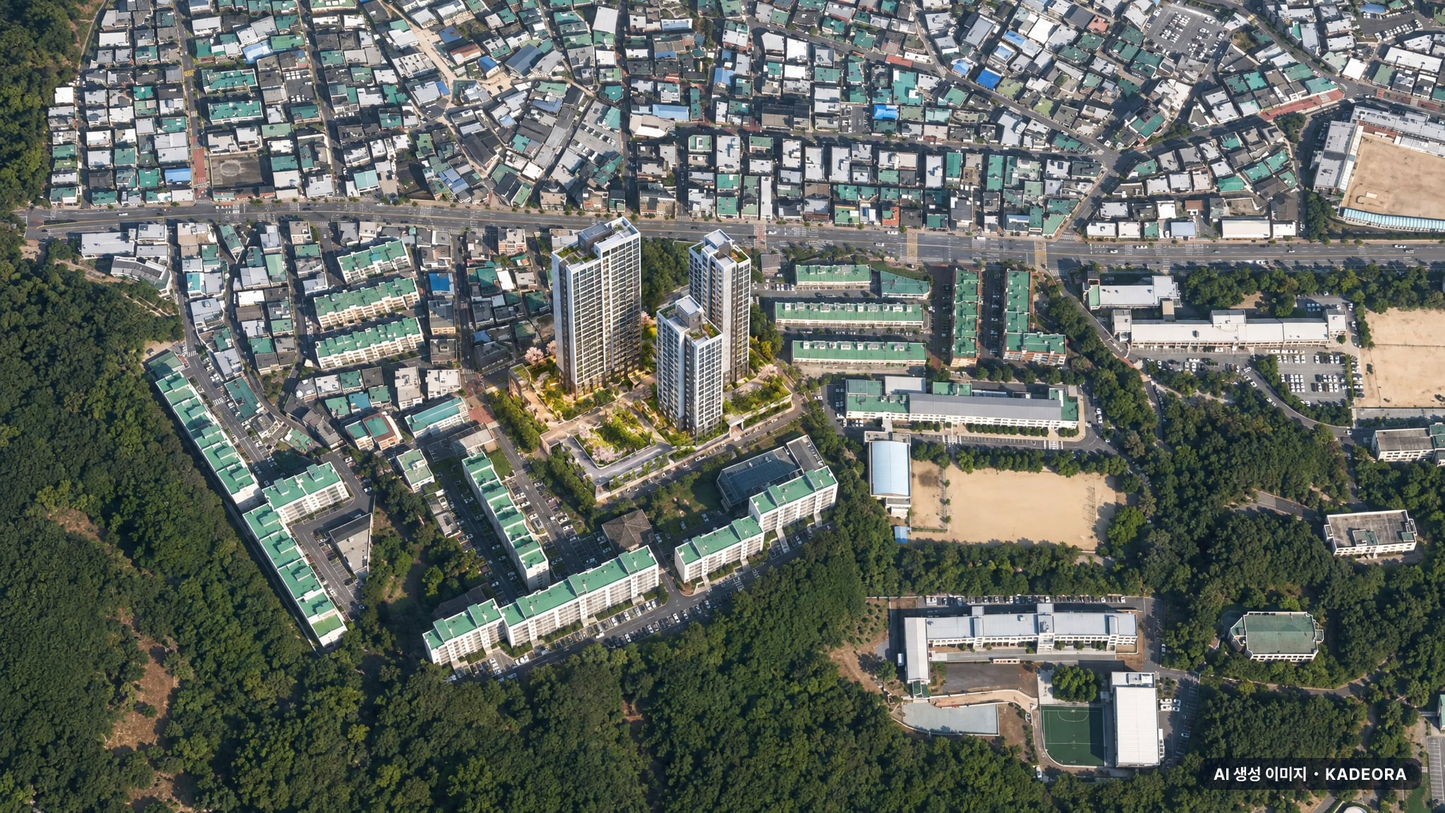 부산 연제구 진일아파트 가로주택정비 조감도 AI 상상도(주간 항공) — 부산 연제구 조합설립 190세대