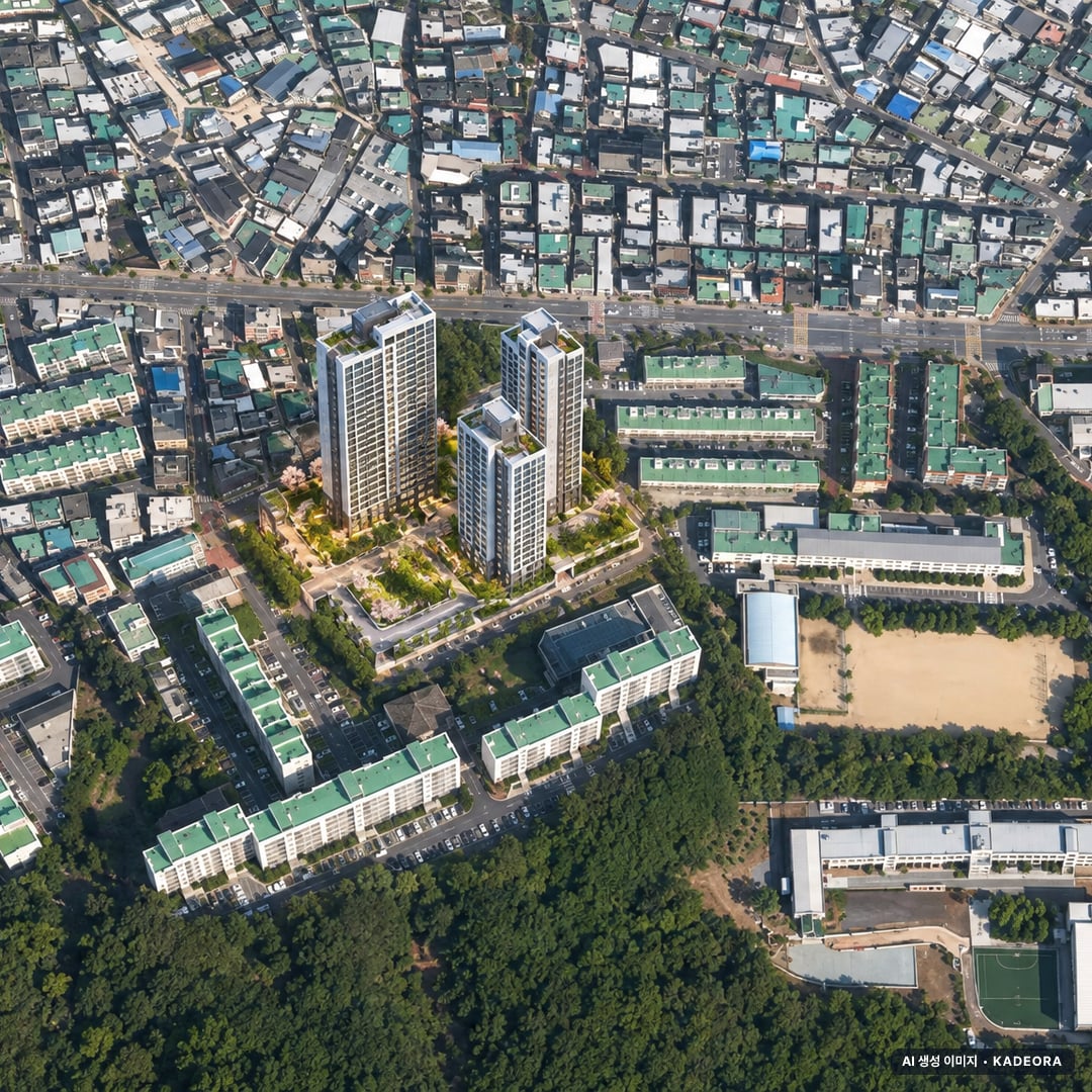 부산 연제구 진일아파트 가로주택정비 주간 항공 상상도 · AI 생성 이미지로 실제와 다를 수 있음 부산 연제구 진일아파트 가로주택정비 조감도 AI 상상도(주간 항공) — 부산 연제구 조합설립 190세대
