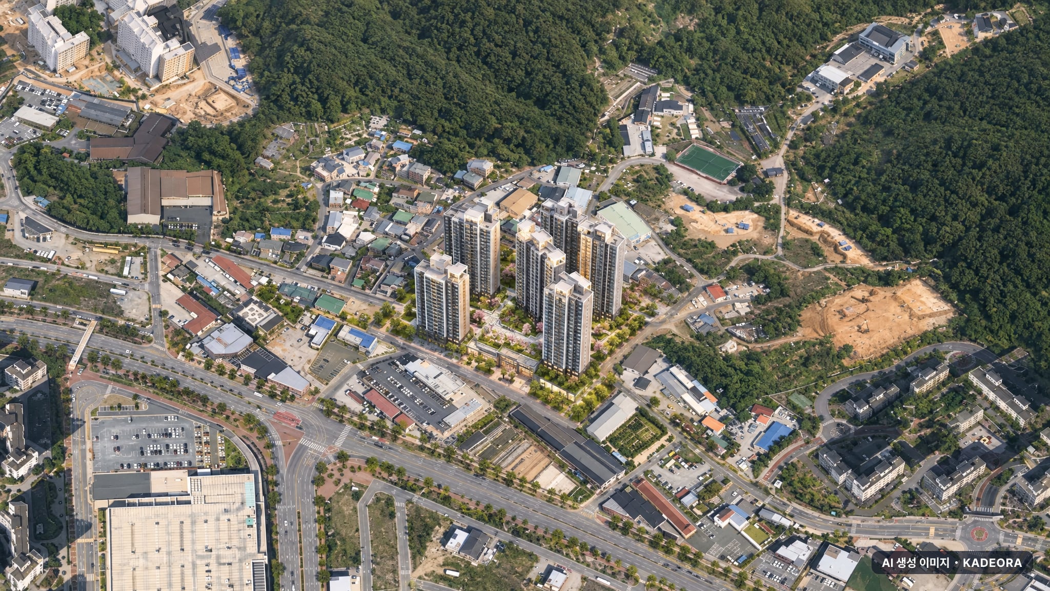 김해 주촌면 선지리 공동주택 단지 전경 AI 상상도(주간 항공) — 경남 김해시 분양 예고 878세대
