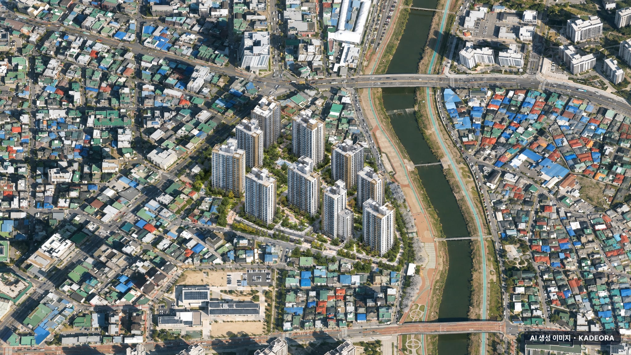 의정부시 중앙1구역 조감도 AI 상상도(주간 항공) — 경기 의정부시 부지계획 1,227세대