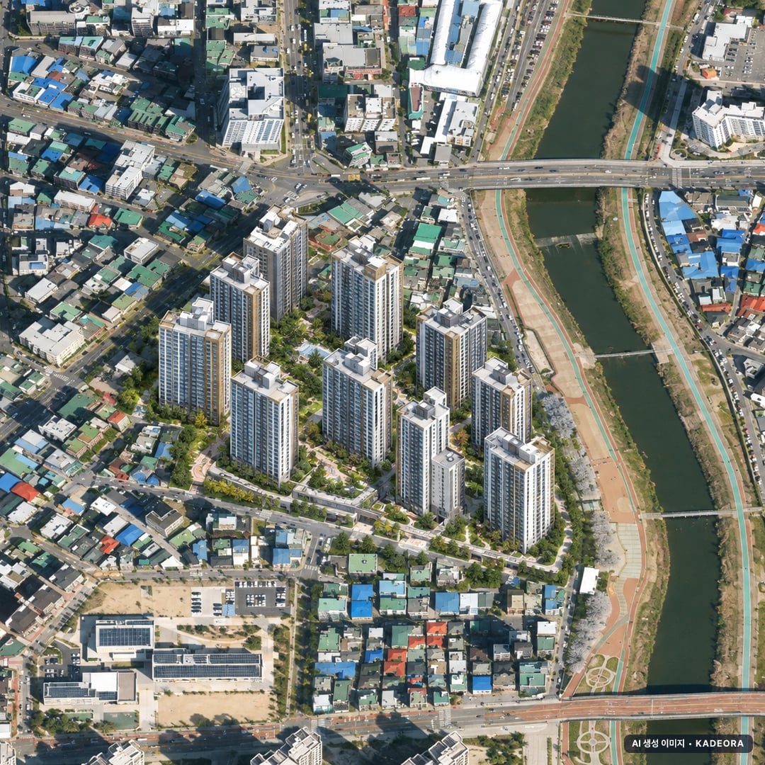 의정부시 중앙1구역 조감도 AI 상상도(주간 항공) — 경기 의정부시 부지계획 1,227세대