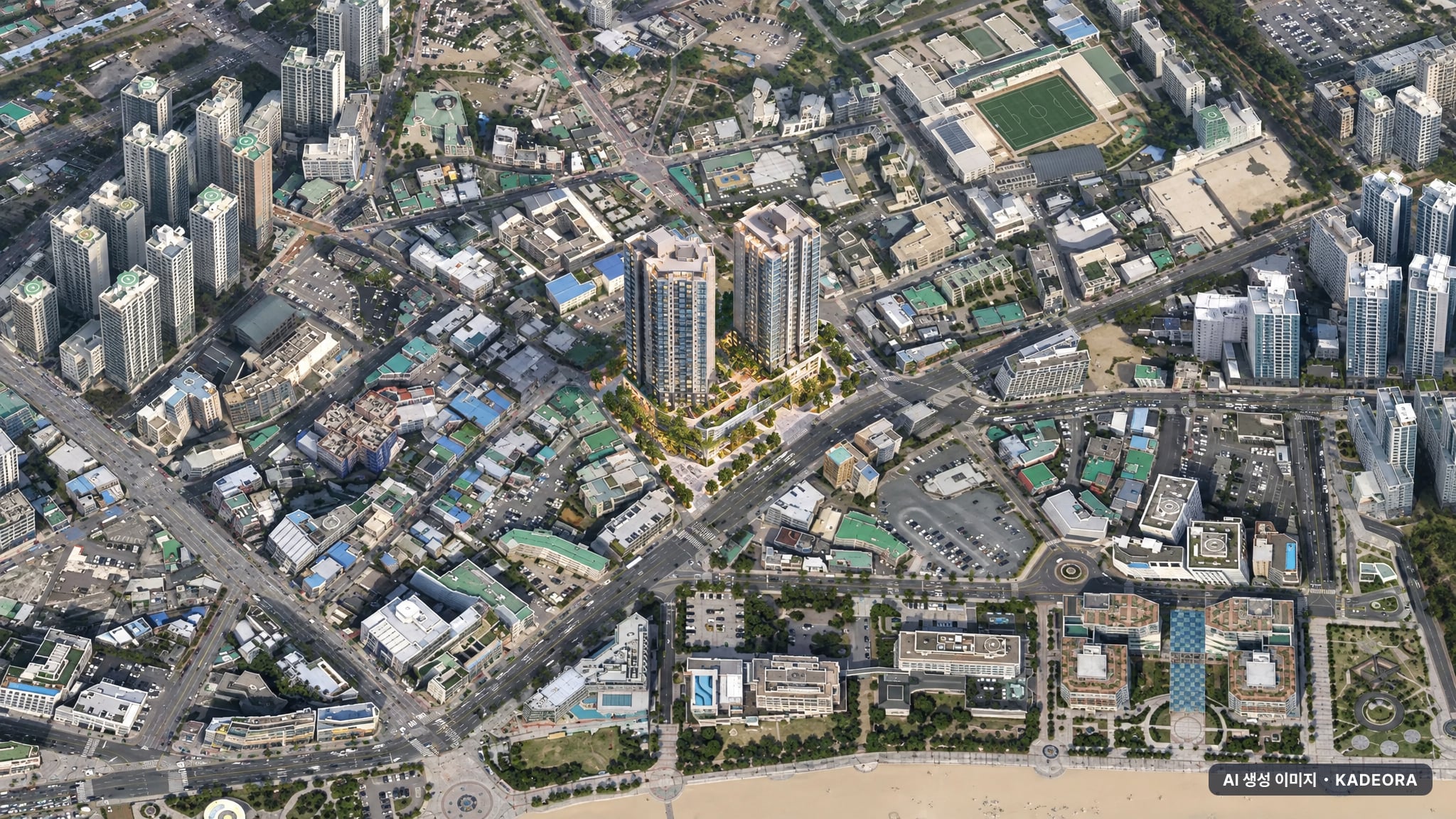 부산 해운대구 오티에르 해운대 주간 항공 상상도 · AI 생성 이미지로 실제와 다를 수 있음 부산 해운대구 오티에르 해운대 조감도 AI 상상도(주간 항공) — 부산 해운대구 부지계획 642세대