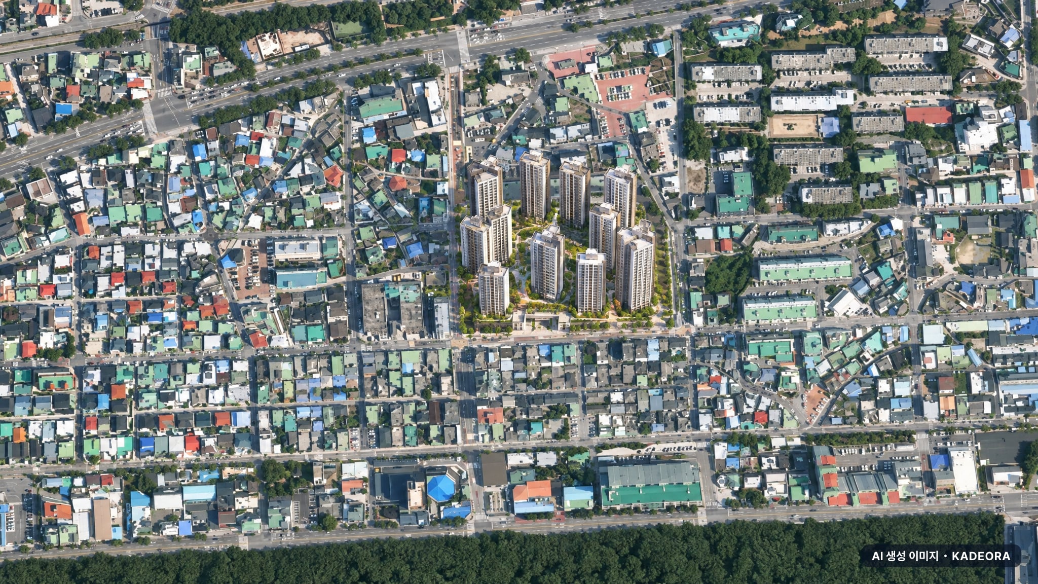 경화구역 재개발 조감도 AI 상상도(주간 항공) — 경남 창원시 관리처분인가 1,415세대