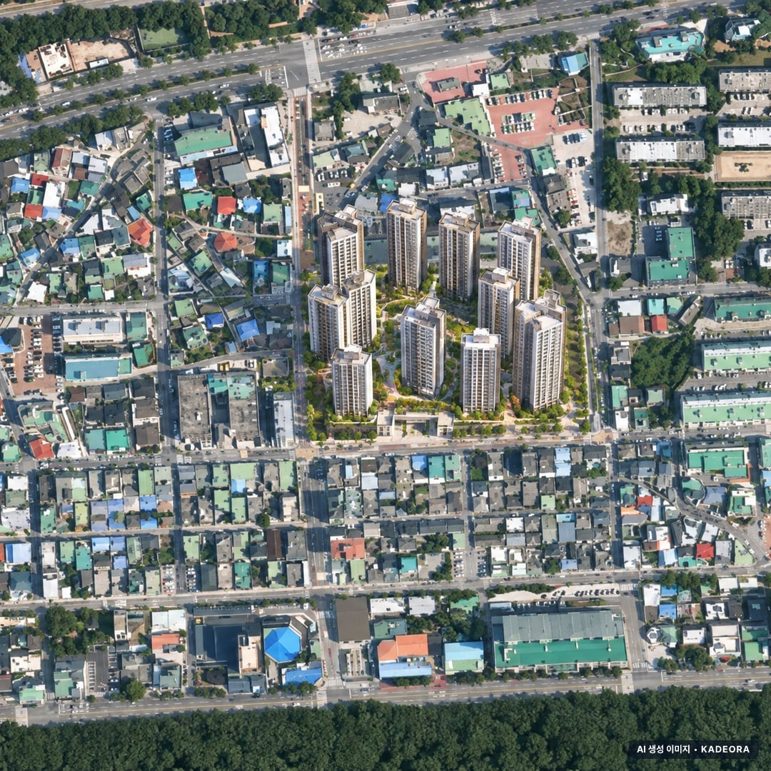 경화구역 재개발 조감도 AI 상상도(주간 항공) — 경남 창원시 관리처분인가 1,415세대