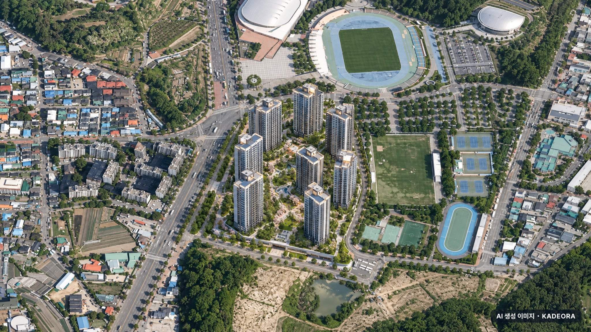 경산 상방공원 호반써밋 1단지 단지 전경 AI 상상도(주간 항공) — 경북 상방동 착공 1,004세대