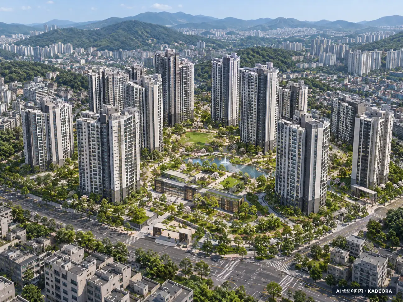 화성시 매송02 총 1,390세대 기준 AI 상상도(주간 항공) — 실제와 다를 수 있음