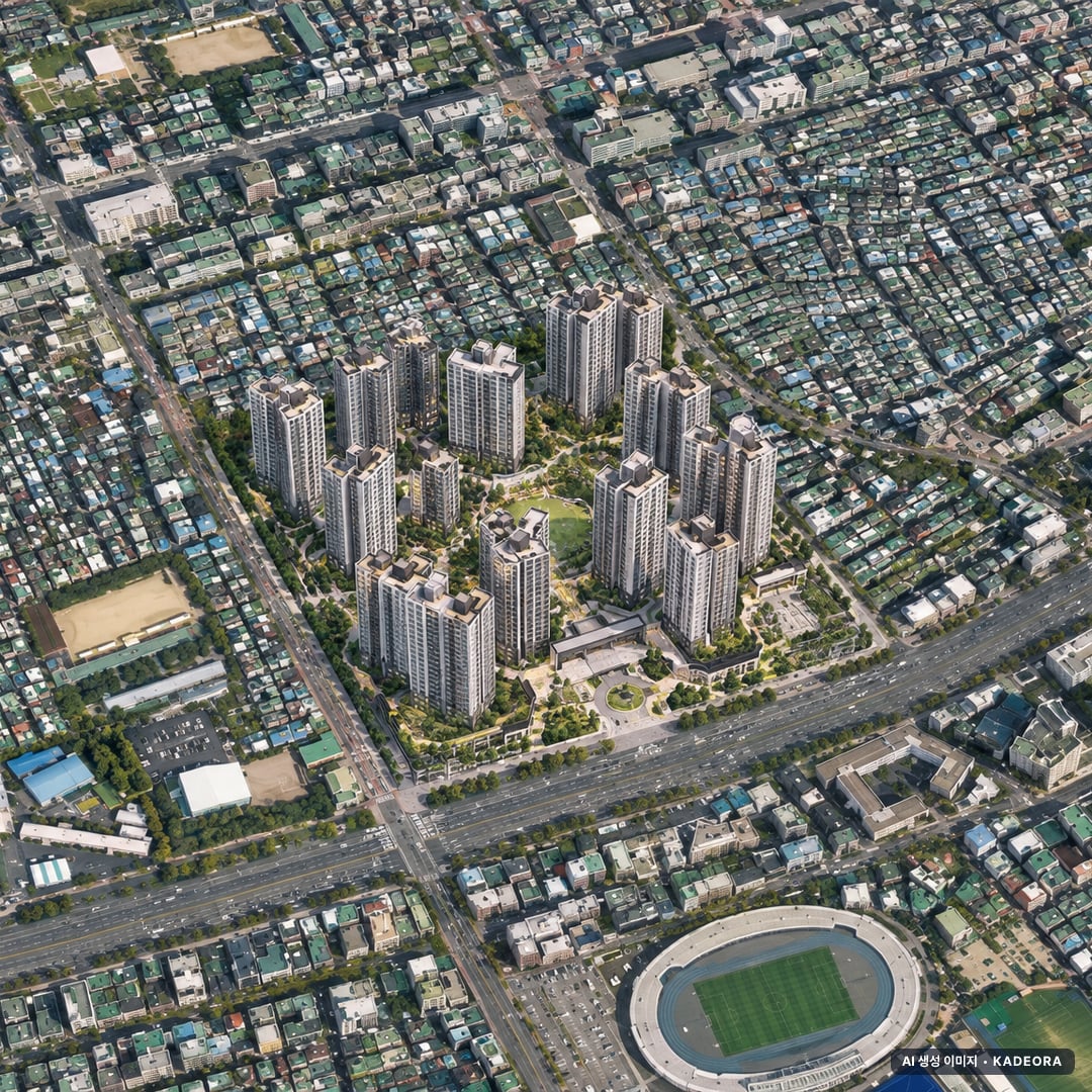 성남시 수진1 조감도 AI 상상도(주간 항공) — 경기 성남시 조합설립 3,962세대