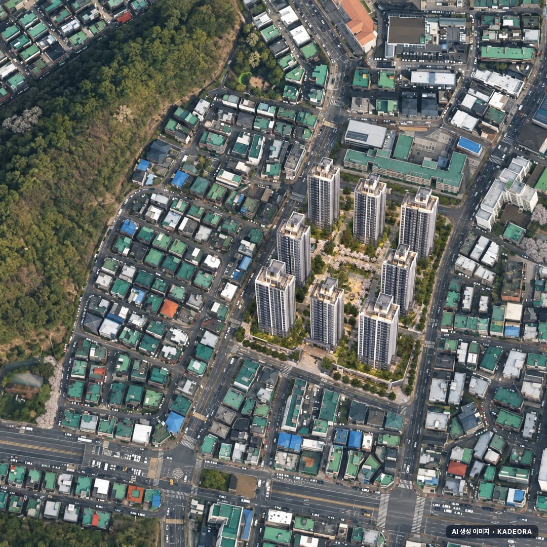 군포3구역 조감도 AI 상상도(주간 항공) — 경기 군포시 조합설립 502세대