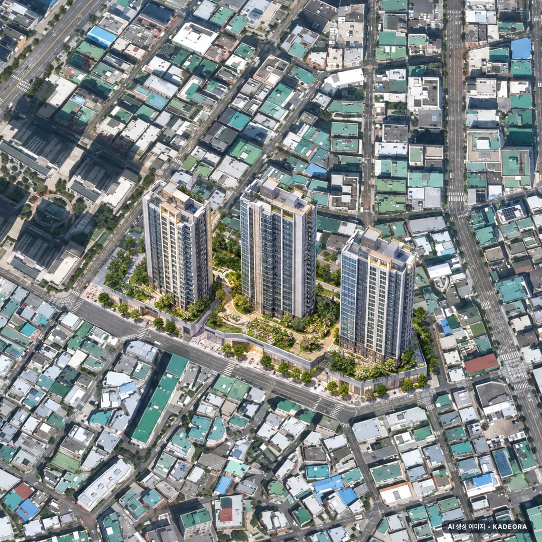 쌍용 더 플래티넘 동래 아시아드 단지 전경 AI 상상도(주간 항공) — 부산 동래구 착공 137세대