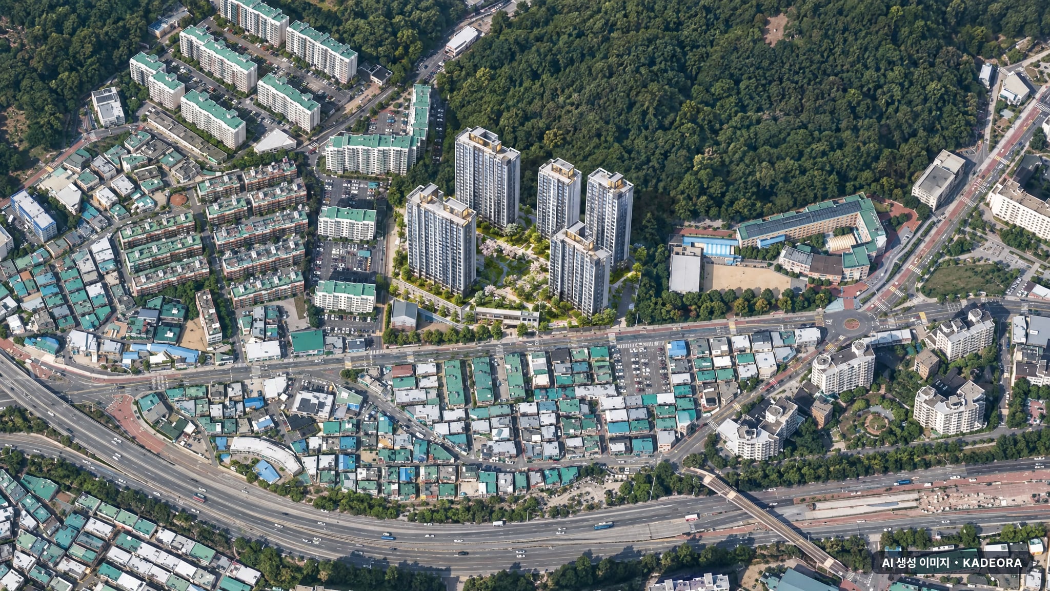 부산 북구 만덕1 재개발 단지 전경 AI 상상도(주간 항공) — 부산 북구 부지계획 690세대